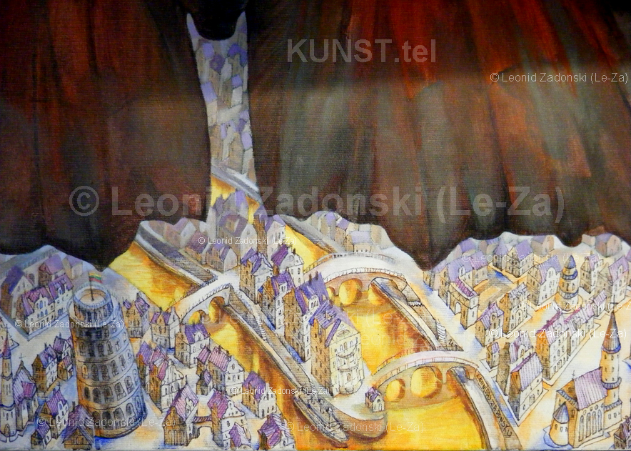 Painting “Flying Butterfly” on canvas, detail – the ready city’s quarter at the bottom-middle of the canvas