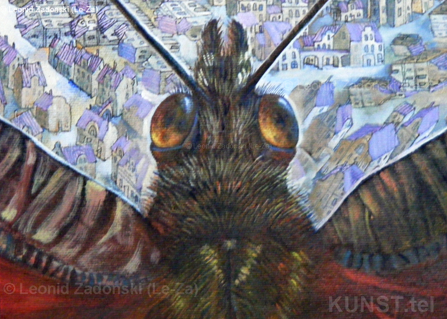 Paveikslas ant drobės ‘Drugelis, Skraidantis virš Miesto’ (‘Flying Butterfly’), paveikslo detalė, drugelio galva bei akis. (Le-Za)